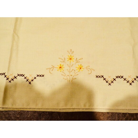 Vtg Hand Embroidered Floral Ecru Tablecloth Cross-Stitched Orange Yellow Brown - Picture 3 of 7